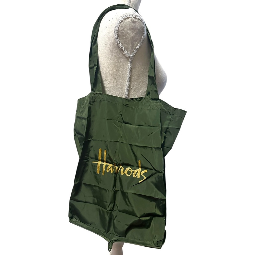 Harrods London Green Gold Logo Packable Zipped Pocket Shopper Tote Bag NEW